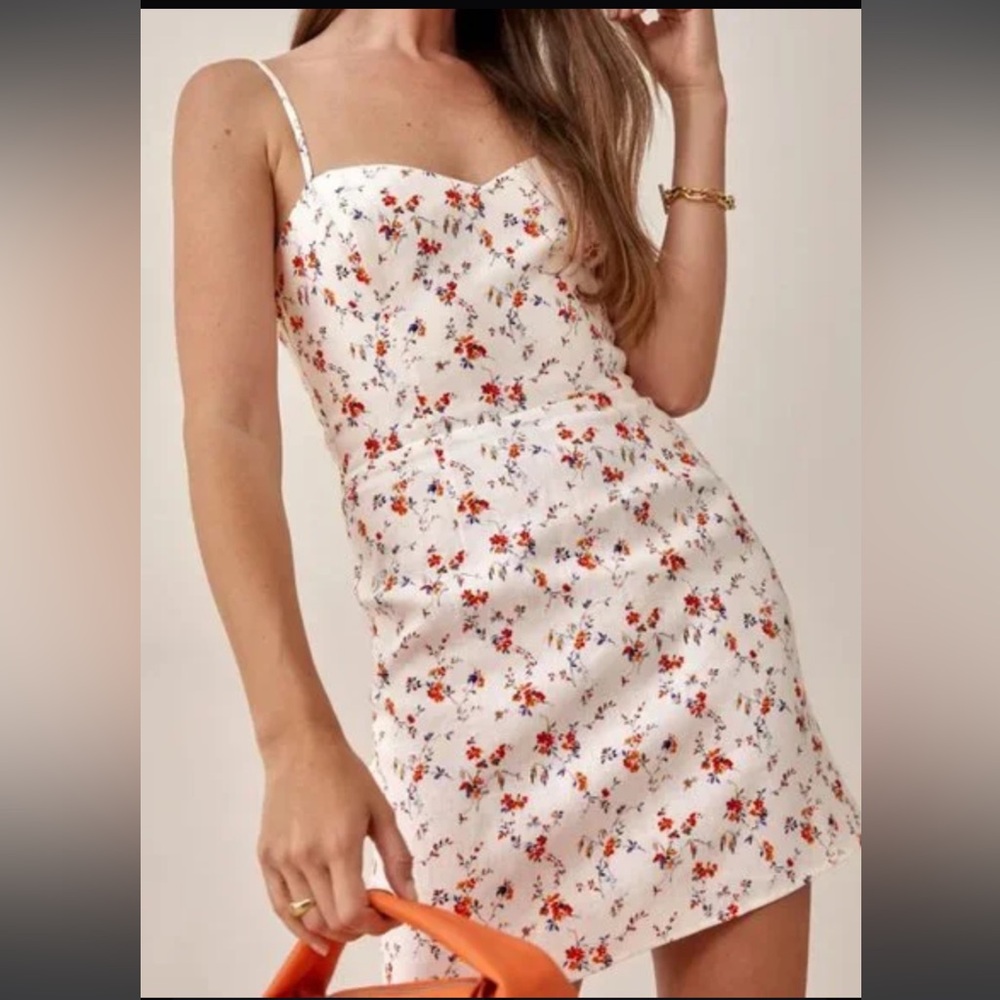 Reformation Roarke Linen Dress in Gabrielle White Red Floral